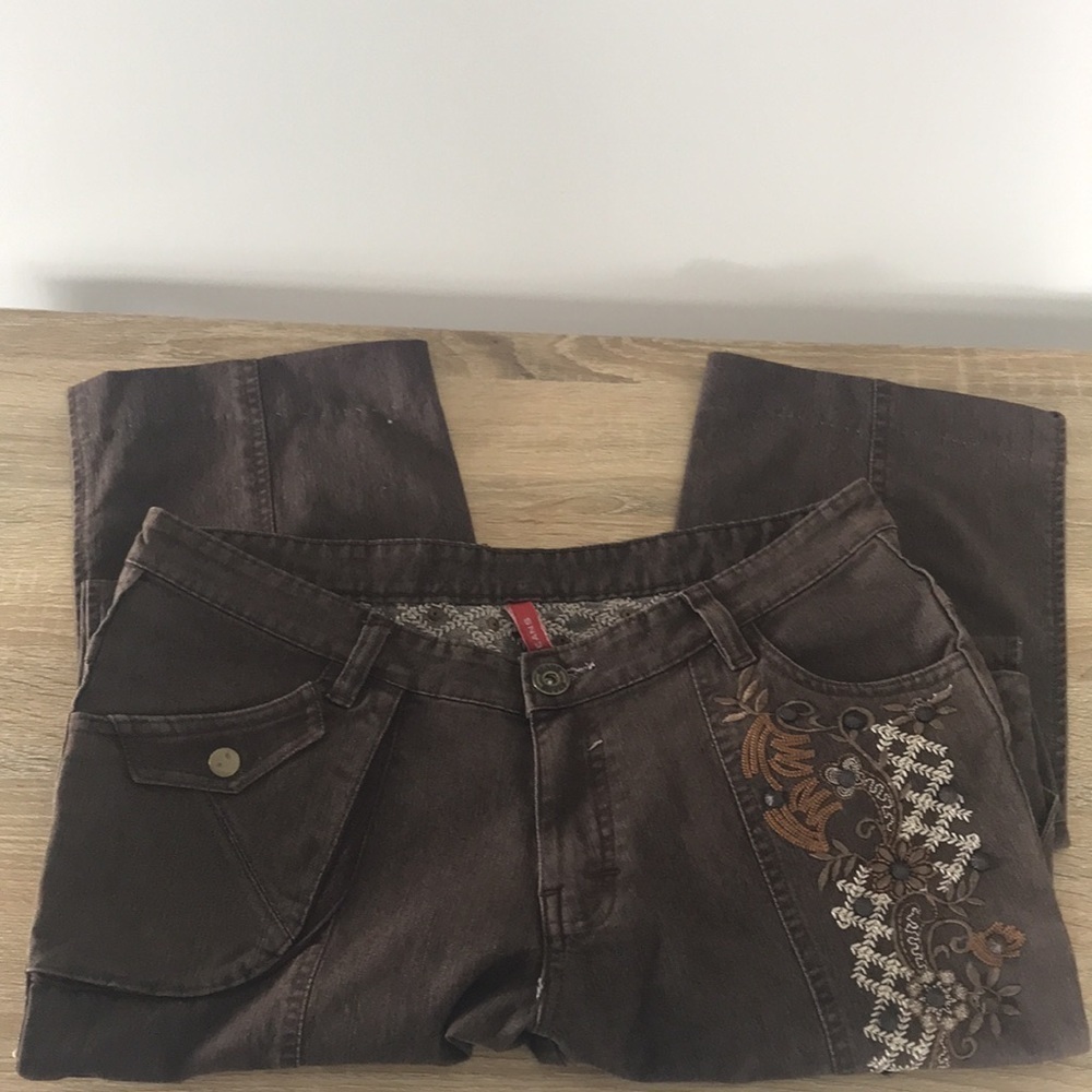 C Jeans embroidered brown cargo style pants, Sz 34 waist or Sz 11